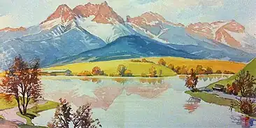 Ein Aquarellbild von Oswald Putzer aus dem Jahr 1953, das eine Skizze eines möglichen Ritzensees darstellt. Im Jahr darauf wurde dieser dann angelegt.