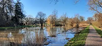 Überschwemmung der Schwartau am Kurpark am 26. Februar 2022, Pegelstand = 2,2 Meter.