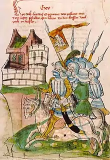 Herzog Žygimantas Kaributaitis und seine Truppen mit dem litauischen Wappen in Prag, 15. Jahrhundert