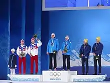 Siegerehrung im Teamsprint 2014: In der Mitte mit Gold Iivo Niskanen (l.) und Sami Jauhojärvi