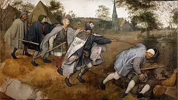 Das querformatige Gemälde „Blindensturz“ aus dem Jahre 1568 hat die Abmessungen 154 cm mal 86 cm, ist also etwa doppelt so breit wie hoch. Es zeigt eine Gruppe blinder Männer, die im Gänsemarsch von links nach rechts das Bild durchqueren und einer nach dem anderen ins Straucheln geraten. Die Szene spielt auf einer in blassen Brauntönen gehaltenen Dorfwiese. Links sieht man zwischen einigen dürren Bäumen die braunen Dächer zweier mit Reet gedeckter Häuser, rechts einen von Bäumen umstandenen Weiher oder Bach. Den Hintergrund bilden ein sanft geschwungener Hügel und, neben einigen weiteren Bäumen, eine in zarten Blautönen dargestellte Dorfkirche. Es könnte Spätsommer oder beginnender Herbst sein. Die Wiese endet vorn links im Bild an einem jähen Abbruch, der weißen Lehmboden zu Tage treten lässt; entlang dieser Abbruchkante bildet die Wiese eine Schräge. Die sechs Männer – unschwer als Blinde zu erkennen – bewegen sich auf dieser Schräge in einer flachen Diagonale von links oben nach rechts unten durch das Bild. Sie tragen typisch mittelalterliche Kleidung in vorwiegend Grau- und blassen Blautönen: Bundhosen mit weißen Strümpfen und schwarzen Schuhen, darüber ein Wams oder einen Rock, von einem Gürtel zusammengehalten, an dem mancher eine Ledertasche befestigt hat. Alle haben weite, am Hals gebundene und vorn offene Umhänge um die Schultern geworfen; jeder trägt eine Kopfbedeckung – einen Hut, eine Kappe oder eine Haube. Jeder zweite hat einen langen, hölzernen Stab in der Hand. Die Blinden sind wie an einer Kette aufgereiht unterwegs, jeder hat die Schulter des Vorangehenden oder dessen nach hinten gereichten Blindenstab erfasst, den Kopf mit den blinden Augen emporgehoben – während wohl jeder Sehende den Blick auf den unebenen Boden gerichtet hätte. Der vorderste der Männer ist gestürzt. Er liegt nun mit dem Rücken in dem Gewässer am rechten Bildrand, die angewinkelten Beine dem Betrachter entgegen gestreckt und die Arme hilflos emporgehoben. Der zweite in der Reihe wurde von dem Gestürzten mitgerissen und ist im Moment des Fallens dargestellt. Sein Körper ist bereits um 45 Grad nach vorn (im Bild nach rechts) gekippt, er hat den Kopf dem Betrachter zugewandt – der Schrecken ist ihm ins Gesicht geschrieben. Der Dritte folgt auf den Zweiten nach einer kleinen Lücke und befindet sich in der vorderen Bildmitte. Er hält den Stock des Zweiten mit der nach vorn gestreckten Linken fest, kommt dadurch ins Stolpern und ist bereits ein wenig nach vorn (im Bild nach rechts) geneigt. Sein Gesicht zeigt die Verwunderung über das Geschehen vor ihm, das er wohl nur erahnen kann. Die drei anderen, in der linken Bildhälfte, ahnen noch nicht, was ihnen blüht, sie tappen, einander an den Schultern haltend, von links im Gänsemarsch hinterher. Die Bilder der sechs Gestalten erinnern an die Einzelbilder eines Films, sie könnten auch die Bewegung eines einzelnen Strauchelnden in sechs Phasen zeigen, der von links nach rechts, entlang der fallenden Diagonalen, mit zunehmender Neigung durch das Bild kippt und schließlich zum Liegen kommt.