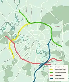 Die vier Abschnitte des Moskauer SekantenringsNordwestliche Sekante (gelb)Nordöstliche Sekante (grün)Südöstliche Sekante (blau)Südliche Tagente (rot)