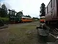 Lokomotive 'Grodan' und Schienenbusse vor dem Lokschuppen in Kärrgruvan