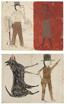Bilder mit dem Titel „Man on White, Woman on Red“ und „Man with Black Dog“ von Bill Traylor aus den Jahren 1939–1942.