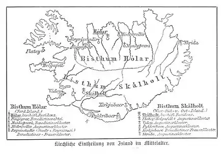 Karte der isländischen Bistümer und Klöster im Mittelalter