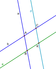 (7) Parallelogramm
a
|
|
d
{\displaystyle a||d}
und
b
|
|
e
{\displaystyle b||e}