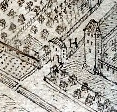 Südlicher Anschluss der äußeren (links) an die innere Mauer (Turm: Bindturm); dazwischen: Stadtgraben vor dem südlichen, inneren Mauerabschnitt