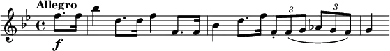 \relative c'' {
\version "2.18.2"
\key bes \major
\tempo "Allegro"
\partial 4 f8.\f f16 bes4 d,8. d16 f4 f,8. f16 bes4 d8. f16 \times 2/3 {f,8-. f (g} \times 2/3 {as g f)} g4
}
