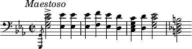 {
\clef bass \key es \major \time 2/2 \tempo 4=95
\set Score.tempoHideNote=##t
\mark \markup { \italic { Maestoso } }
\slashedGrace{ <g,, g,>8 }
<es g c' es'>2\accent <es es'>4 <es es'>4
<es es'>4 <f f'>4 <es es'>4 <d d'>4
<c es g c'>4 <d d'>4 <es g c' es'>2
<b, des f b>2
}