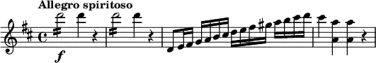 \relative c''' {
\version "2.18.2"
\tempo "Allegro spiritoso"
\key d \major
d2:16\f d4 r |
d2:16 d4 r |
d,,8 e16 fis g a b cis d e fis gis a b cis d |
cis4 <a a,> q r
}