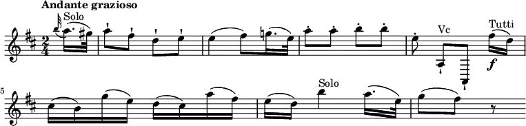 
\relative c'' {
  \version "2.18.2"
  \key d \major
  \time 2/4
  \tempo "Andante grazioso"
  \tempo 4 = 70
  \partial 8 \grace b'32 (a16.)^\markup {Solo} (gis32)
  a8-! fis-! d-! e-!
  e4 (fis8) g!16. (e32)
  a8-. a-. b-. b-.
  e,-. a,,-!^\markup {Vc} [a,-!] fis'''16\f ^\markup {Tutti} (d)
  cis (b) g' (e) d (cis) a' (fis)
  e (d) b'4^\markup {Solo} a16. (e32)
  g8  (fis) r
}
