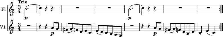 <<
\new Staff \with { instrumentName = #"Fl "}
\relative c'' {
\version "2.18.2"
\key c \major
\tempo "Trio"
\time 3/4
\set Staff.midiInstrument = "flute"
\tempo 4 = 130
b2. \p (c4) r4 r4
R2. R2.
b2. \p (c4) r4 r4
R2. R2.
}
\new Staff \with { instrumentName = #"V1 "}
\relative c'' {
\version "2.18.2"
\key c \major
\time 3/4
\set Staff.midiInstrument = "violin"
\tempo "Trio"
R2. r4 r4 a8 \p g
fis (g) f d e c
e (d) c b a g
R2. r4 r4 a'8 \p g
fis (g) f d b d
c4-. e (c) \bar ":|."
}
>>