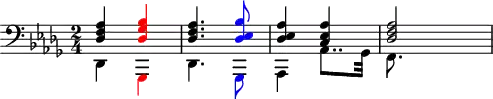 \version "2.14.2"
\header {
tagline = ##f
}
upper = \relative c {
\key des \major
\time 2/4
\tempo 4 = 54
\clef bass
<<
{
\voiceOne
<des f as> \override NoteHead.color = #red \override Stem.color = #red <des ges bes> \revert NoteHead.color \revert Stem.color <des f as>4. \override NoteHead.color = #blue \override Stem.color = #blue <des es bes'>8 \revert NoteHead.color \revert Stem.color <des es as>4 <c es as> <des f as>2
}
\new Voice {
\voiceTwo
des,4 \tweak NoteHead.color #red \tweak Stem.color #red ges, des'4. \tweak NoteHead.color #blue \tweak Stem.color #blue ges,8 as4 as'8.. ges32 f8.
}
>>
}
\score {
\new Staff = "upper" \upper
\layout {
\context {
\Score
\remove "Metronome_mark_engraver"
}
}
\midi { }
}