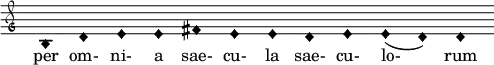 { \clef "petrucci-g" \override Staff.TimeSignature #'stencil = ##f \set Score.timing = ##f \override Voice.NoteHead #'style = #'harmonic-black b1 d'1 e'1 e'1 fis'1 e'1 e'1 d'1 e'1 e'1 (d'1) d'1 } \addlyrics { per om- ni- a sae- cu- la sae- cu- lo- rum }