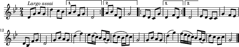 {
  \clef violin \key bes \major \time 2/4 \tempo 4 = 40
  \set Score.tempoHideNote = ##t
  \repeat volta 2 {
    d'8 ^\markup{\italic{Largo assai}} g' a' g'
    d''4 c''8 bes'
  }
  \alternative {
    {
      a'8 bes' f' g'
      d'2
    }
    {
      a'8 bes' f' d'
      g'2
    }
  }
  \repeat volta 2 {
    es'8 d' c' g'
  }
  \alternative {
    {
      d'4 f'8 d'
    }
    {
      d'2
    }
  }
  es'8 d' c' c'
  g'4 f'8 es'
  d'8 bes f' g'
  d'2
  g'8 bes' a' g'
  d''4( f'')
  es''8 d''16( c'')
  bes'8 a'16( g')
  d''8( c'' bes'16 d'') c''8
  g'2
  g'8 bes' a' g'
  d''4( g'')
  f''16( es'' d'' c'') bes'8 a'16( g')
  d''8 c'' bes' c''
  g'2 \bar "|."
}
