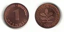 1-Pfenning-Münze (Vorderseite links, Rückseite rechts)