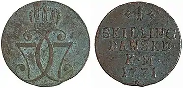 Die 1-Schilling-Kupfermünze von 1771.