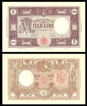 Italia turrita auf der italienischen 1000-Lire-Banknote, die zwischen 1946 und 1950 ausgegeben wurde