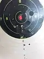 Trefferbild 100 m aufgelegt mit 2 Schuss Probe