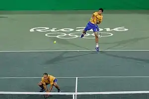 Marcelo Melo (hinten) und Bruno Soares im Achtelfinale gegen das serbische Doppel Novak Đoković/Nenad Zimonjić in Rio 2016