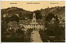 Haus Sorgenfrei, 1909. Rechts der Gartensaal mit Barockgarten, links das Gärtnerhaus. (Rechts oben: der Mäuseturm, darunter Schloss Lössnitz)