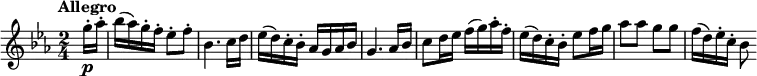 \version "2.14.2"
\relative c'' {
\clef "treble"
\tempo "Allegro"
\key ees \major
\time 2/4
\tempo 4 = 120
\partial 4 \partial 8 g'16-.\p aes-.
bes (aes) g-. f-. ees8-. f-.
bes,4. c16 d
ees (d) c-. bes-. aes g aes bes
g4. aes16 bes
c8 d16 ees f (g) aes-. f-.
ees (d) c-. bes-. ees8 f16 g
aes8 aes g g
f16 (d) ees-. c-. bes8
}