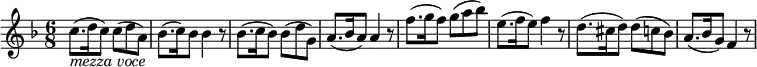 { \relative c'' { \key f \major \time 6/8
c8.( _\markup { \italic "mezza voce" } d16 c8) c8( d a) | bes8.( c16) bes8) bes4 r8 |
bes8.( c16 bes8) bes8( d g,) | a8.( bes16 a8) a4 r8 |
f'8.( g16 f8) g( a bes) | e,8.( f16 e8) f4 r8 | d8.( cis16 d8) d( c bes) | a8.( bes16 g8) f4 r8 }}
\layout { \context { \Score \override SpacingSpanner.common-shortest-duration = #(ly:make-moment 2/8) }}