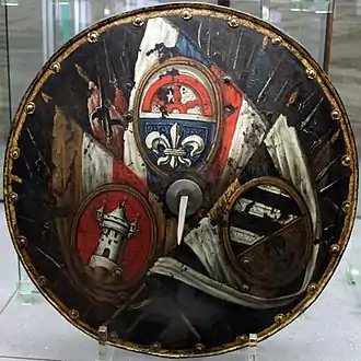 Rundschild mit den Wappen der drei obersten Hauptleute Volckamer, Harsdorffer und Tucher, 1590