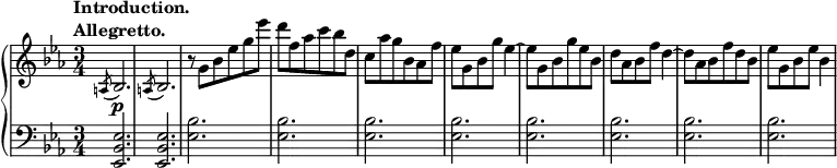 \relative c' {
\new PianoStaff <<
\new Staff { \key c \minor \time 3/4
\tempo \markup {
\column {
\line { Introduction. }
\line { Allegretto. }
}
}
{ \slashedGrace a8( bes2.) \slashedGrace a8( bes2.) r8 g' bes ees g ees' d f, aes c bes d, c aes' g bes, aes f' ees g, bes g' ees4~ ees8 g, bes g' ees bes d aes bes f' d4~ d8 aes bes f' d bes ees g, bes ees bes4}
}
\new Dynamics {
s\p
}
\new Staff { \key c \minor \time 3/4 \clef bass
{\slashedGrace s8 <ees,,, bes' ees>2. <ees bes' ees> <ees' bes'>2. <ees bes'> <ees bes'> <ees bes'> <ees bes'> <ees bes'> <ees bes'> <ees bes'>}
}
>>
}