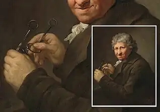 Der Grafiker und Illustrator Daniel Chodowiecki hält seine Schläfenbrille in den Händen, 1800 / Berlin