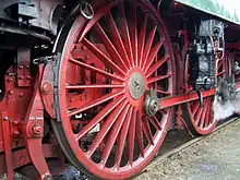 Speichenrad der Dampflokomotive 18 201 (vormals 61 002); Raddurchmesser 2300 mm.