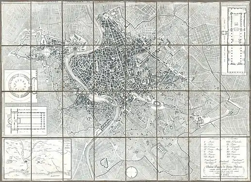 Karte Roms um 1843. Der Gegensatz zwischen den Gebieten abitato und disabitato innerhalb der Aurelianischen Mauer ist gut zu erkennen.