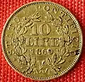 10&nbsp;Lire Vatikan Gold 1869, Raugewicht 3,23&nbsp;g =&nbsp;2,9&nbsp;g Feingold