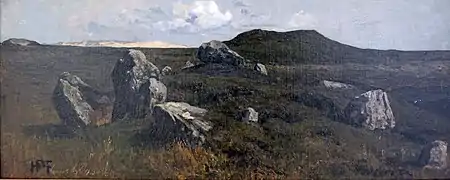 Hans Peter Feddersen Hünengräber auf Sylt, 1872, Öl auf Leinwand 27 cm × 68,5 cm, Kunsthalle Kiel