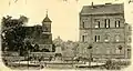 Dorfkirche und Schulgebäude mit Denkmal für Kaiser Wilhelm&nbsp;I. 1899