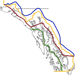 von den Vereinigten Staaten beanspruchte Grenzziehung
vom Vereinigten Königreich beanspruchte Grenzziehung
1903 einvernehmlich festgelegter Grenzverlauf