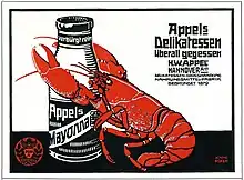 Änne Kokens 1909 entworfener Hummer an der Mayonnaise als Markenzeichen der „Delikatessen-Grosshandlung und Nahrungsmittel-Fabrik“ Heinrich Wilhelm Appel (H.W.A.);Zweifarb-Druck der Illustrirten Zeitung Nr. 3538 vom 20. April 1911