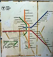 Diese Karte der MBTA aus den Jahren 1967–1969 zeigt die Route der Charlestown Elevated