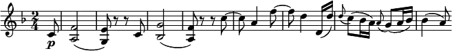 { \relative c' { \key f \major \time 2/4
\partial 8 c8 \p | <f a,>2( | <e g,>8) r r c | <g' bes,>2( | <f a,>8) r r c'~ | c8 a4 f'8~ | f8 d4 d,16( d') |
\appoggiatura d8 c8( bes16 a) \appoggiatura a8 g8( a16 bes) | bes4( a8) }}