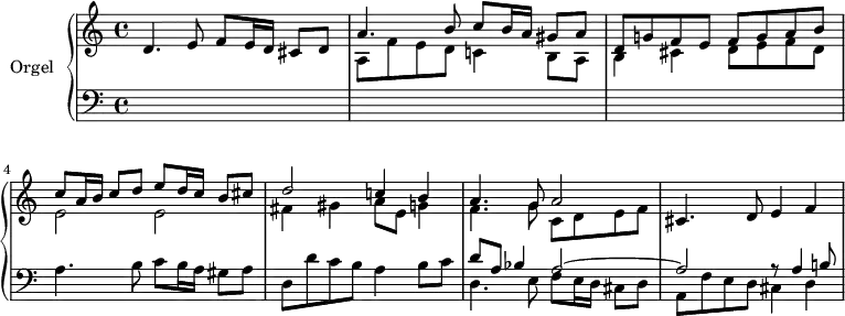 \version "2.18.2"
\header {
tagline = ##f
}
upper = \relative c' {
\clef treble
\key c \major
\time 4/4
\tempo 4 = 70
\tempo "Presto"
\set Staff.midiInstrument = #"recorder"
%%% Dopo l'Epistola (Canzon)
d4. e8 f8 e16 d cis8 d
<< { a'4. b8 c8 b16 a gis8 a } \\ { a,8 f' e d c!4 b8 a } >>
<< { d8 g! f e f g a b } \\ { b,4 cis d8 e f d } >>
%% ms 4
<< { c'8 a16 b c8 d e d16 c b8 cis } \\ { e,2 e } >>
<< { d'2 c!4 b } \\ { fis4 gis a8 e g!4 } >>
<< { a4. g8 a2 } \\ { f4. g8 c, d e f } >>
cis4. d8 e4 f
}
lower = \relative c {
\clef bass
\key c \major
\time 4/4
\set Staff.midiInstrument = #"recorder"
s1*3 a'4. b8 c8 b16 a gis8 a d, d' c b a4 b8 c
<< { d8 a bes4 a2~ } \\ { d,4. e8 f8 e16 d cis8 d } >>
<< { a'2 r8 a4 b!8 } \\ { a,8 f' e d cis4 d } >>
}
\score {
\new PianoStaff <<
\set PianoStaff.instrumentName = #"Orgel"
\new Staff = "upper" \upper
\new Staff = "lower" \lower
>>
\layout {
\context {
\Score
\remove "Metronome_mark_engraver"
}
}
\midi { }
}