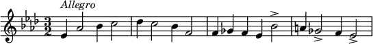 {
\clef violin \key as \major \time 3/2 \tempo 4 = 120
\set Score.tempoHideNote = ##t
es'4 ^\markup{\italic{Allegro}} as'2 bes'4 c''2
des''4 c''2 bes'4 f'2
f'4 ges' f' es' bes'2\accent
a'4 ges'2\accent f'4 es'2\accent
}