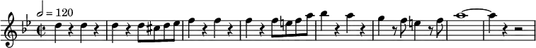 \relative c'' {
\set Staff.midiInstrument = #"flute"
\tempo 2 = 120
\key bes \major
\time 2/2
d4 r4 d4 r4 | d4 r4 d8 cis d es | f4 r4 f4 r4 | f4 r4 f8 e f a | bes4 r4 a4 r4 | g r8 f8 e4 r8 f8 | a1 ~ a4 r4 r2
}