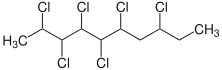 Struktur von 2,3,4,5,6,8-Hexachlordecan als Beispiel eines kurzkettigen Chlorparaffins mit einem Chlorgehalt von 61 Massenprozent