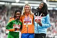 Die drei Medaillengewinnerinnen (v.&nbsp;l.&nbsp;n.&nbsp;r.): Marie-Josée Ta Lou, Dafne Schippers, Shaunae Miller-Uibo