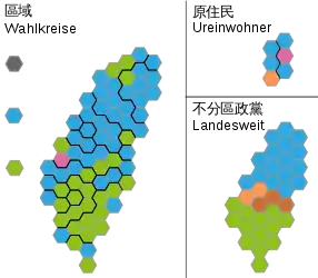 Wahlkreisergebnisse in den 73 Wahlkreisen, die 6 durch die Ureinwohner und die 34 über Landeslisten gewählten Abgeordneten in hexagonaler Darstellung (Farben wie beschrieben)