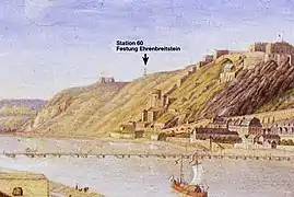 Ausschnitt des gleichen Gemäldes, Station 60: Festung Ehrenbreitstein. Dargestellt ist eine Übertragungssituation mit unterschiedlicher Signalstellung zwischen 60 und 61