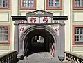 Portal von 1575 mit dem Wappen der Herren von Bünau am Torhaus