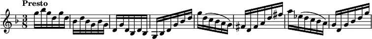 {
% 0
\tempo "Presto"
\numericTimeSignature \time 3/8 \key d \minor g''16 bes''16 g''16 d''16 g''16 d''16 bes'16 d''16 bes'16 g'16 bes'16 g'16 |
%
% 1
d'16 g'16 d'16 bes d'16 bes16 g16 bes16 d'16 g'16 bes'16 d''16 | g''16 d''16 ( c''16 bes'16 a'16 g'16 ) |
% 2
fis'16 d'16 fis'16 a'16 d''16 fis''16 a''16 ees''16 ( d''16 c''16 bes'16 a'16 ) g'16 d'16 g'16 bes'16 d''16 g''16
\bar "|"
}