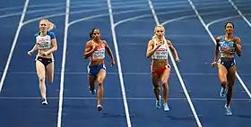 Halbfinale drei: (v.&nbsp;l.&nbsp;n.&nbsp;r.): Amy Allcock, Madiea Ghafoor, Justyna Święty-Ersetic, Libania&nbsp;Grenot