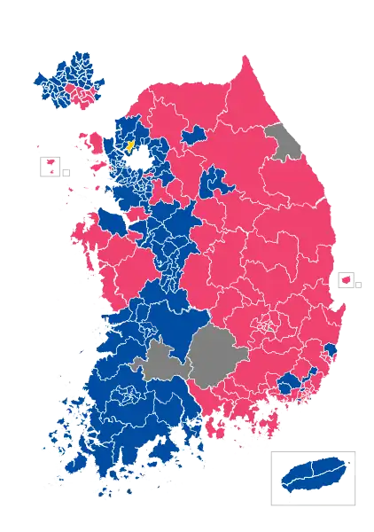 Gewonnene Wahlkreise:﻿Deobureo-minju-Partei (163)﻿Mirae-tonghap-Partei (84)﻿Jeongui-Partei (1)﻿Unabhängige (5)